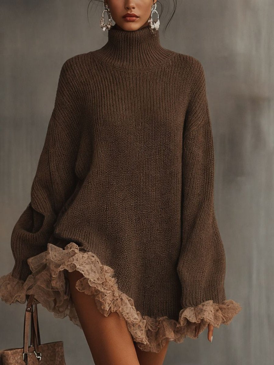 Women's Turtleneck Knit Dress with Ruffle Hem