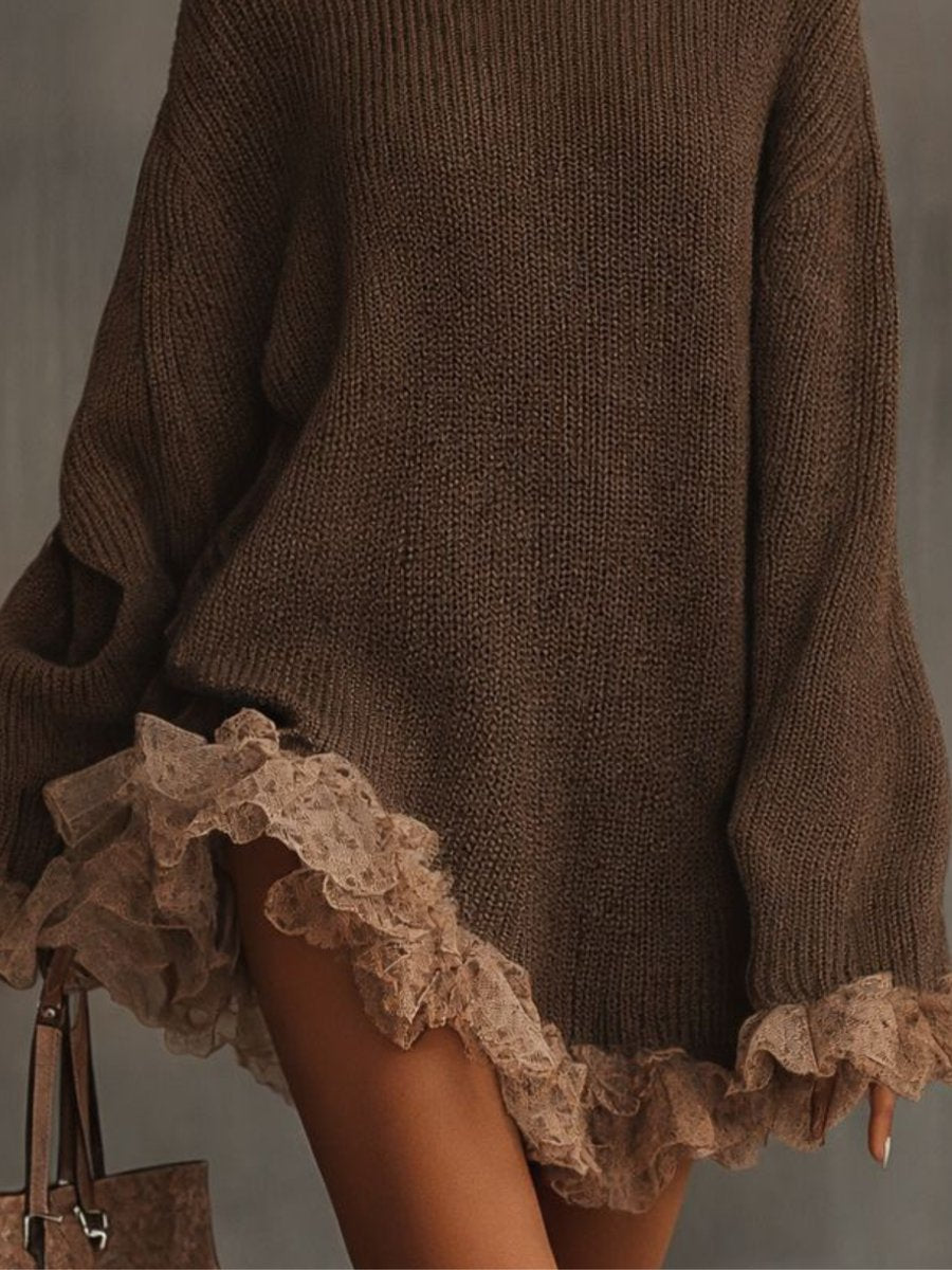Women's Turtleneck Knit Dress with Ruffle Hem