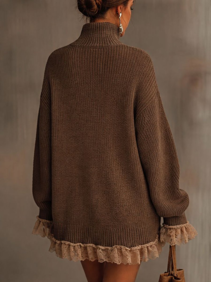 Women's Turtleneck Knit Dress with Ruffle Hem