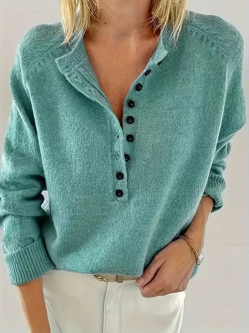 Women's Knit Jumper Half-Button V-Neck Collar Detail