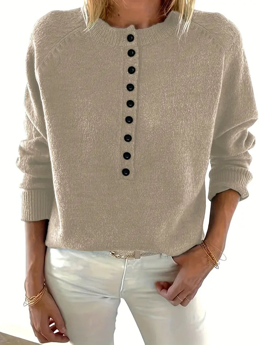 Women's V-Neck Jumper with Half Button Placket