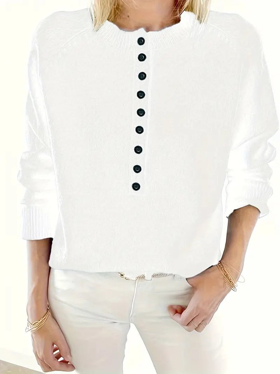 Women's Knit Jumper Half-Button V-Neck Collar Detail