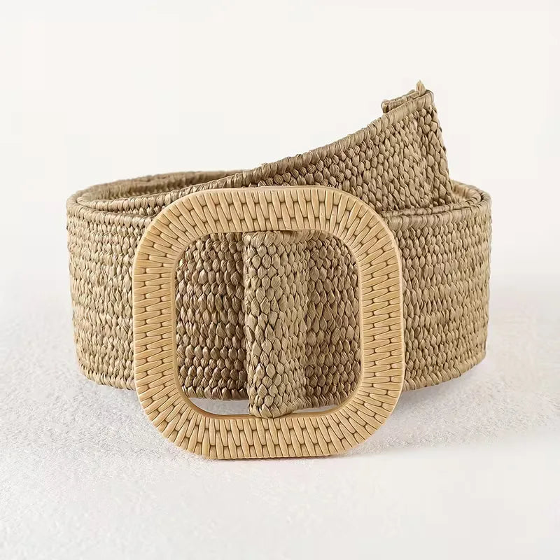 Women's Wide Woven Belt with Square Buckle for Summer