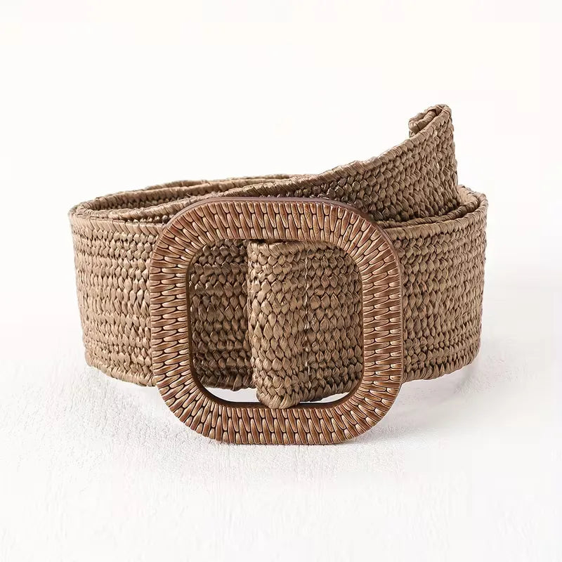 Women's Wide Woven Belt with Square Buckle for Summer