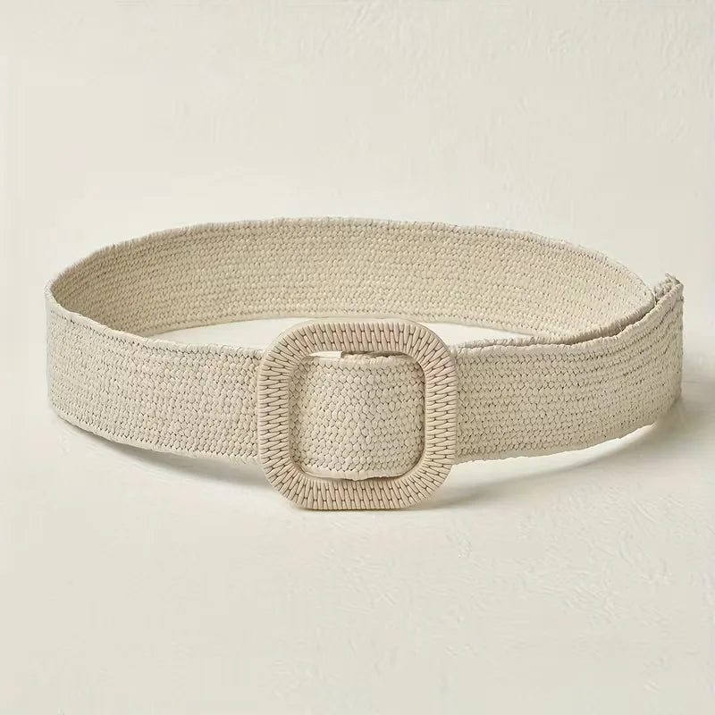 Women's Wide Woven Belt with Square Buckle for Summer