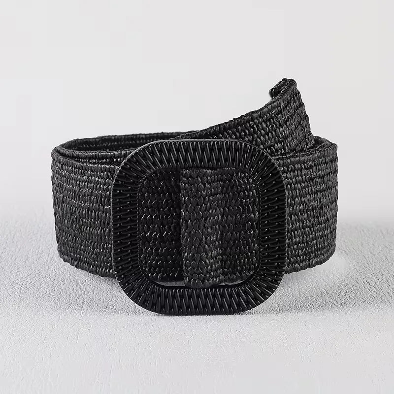 Women's Wide Woven Belt with Square Buckle for Summer