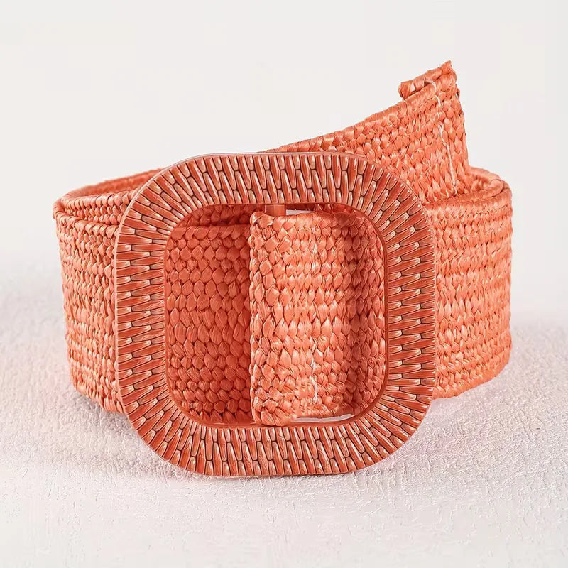 Women's Wide Woven Belt with Square Buckle for Summer
