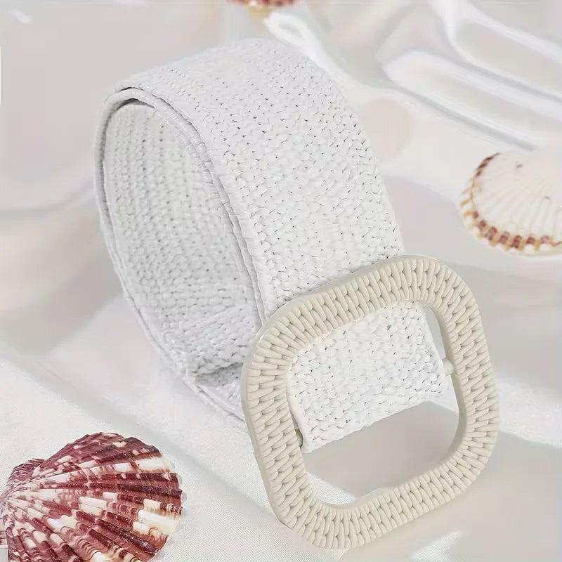 Women's Wide Woven Belt with Square Buckle for Summer