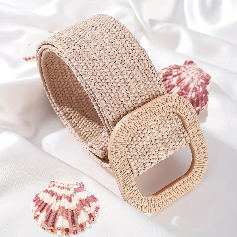 Women's Wide Woven Belt with Square Buckle for Summer