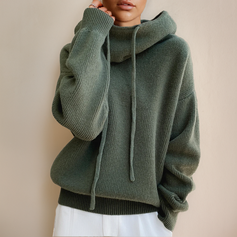 Women's Oversized Knit Pullover Sweater with Cowl Neck and Drawstring Hoodie Detail