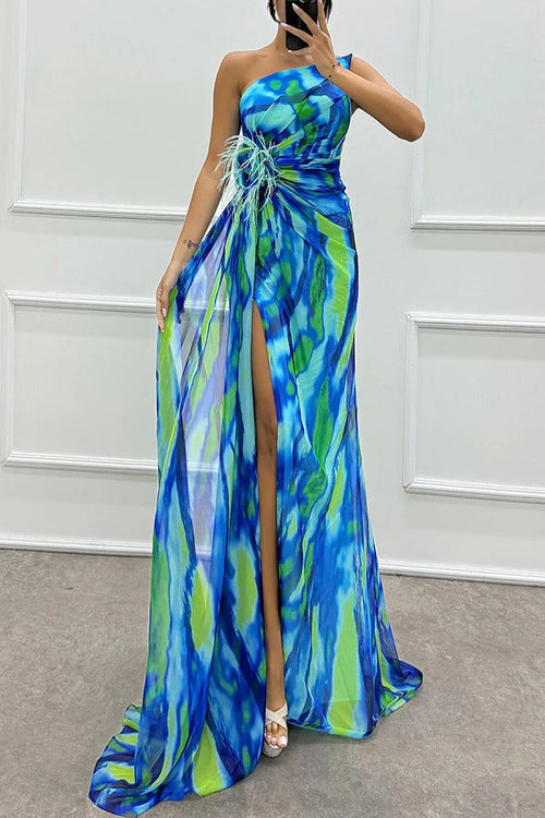 Women’s One-Shoulder Maxi Dress Feather Embellished High Slit Wedding Guest Gown