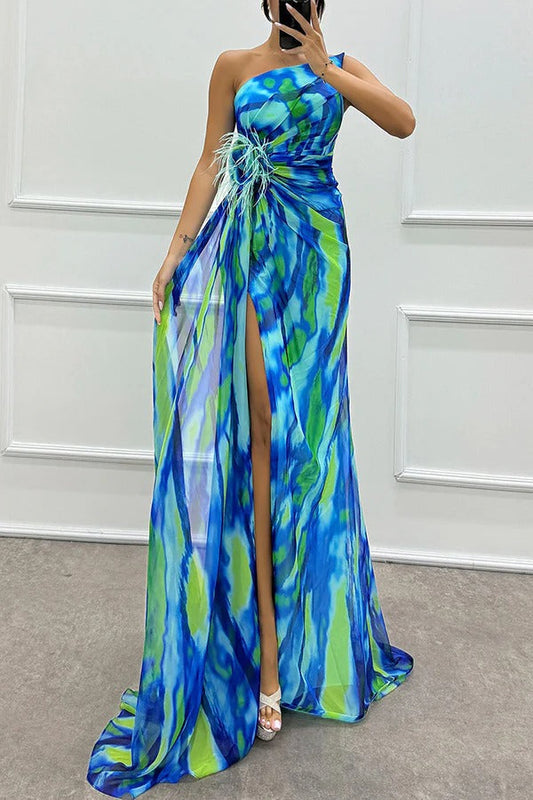 Women’s One-Shoulder Maxi Dress Feather Embellished High Slit Wedding Guest Gown