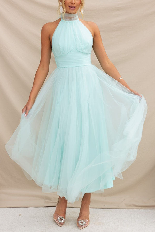 Women’s Midi Dress with Halter Neckline and Layered Tulle Skirt