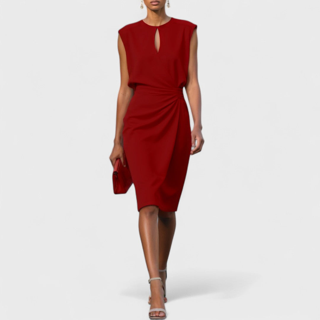 Women's Midi Sheath Dress with Keyhole Neckline and Side Pleat Detail