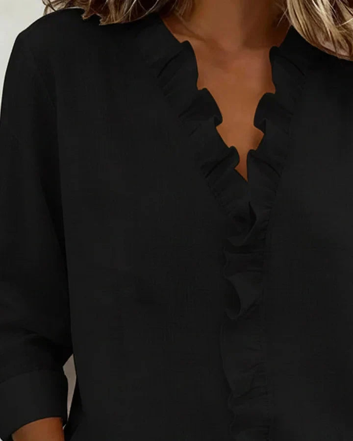 Women's Linen Ruffle-Trim Button-Front Blouse With Roll-Up Sleeves