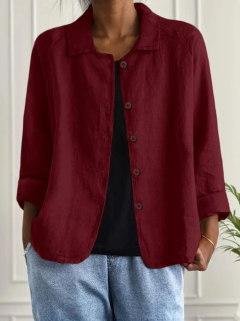 Women’s Linen button-front tunic tops with Three-Quarter Sleeves and Relaxed Fit