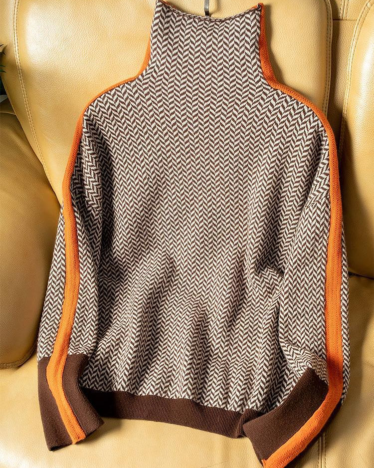 Ceylan Women’s Herringbone Turtleneck Sweater Contrast Stripe