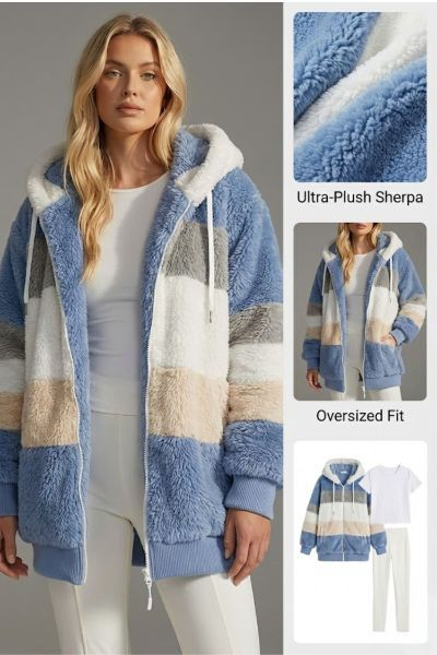 Ceylan Women’s Oversized Teddy Jacket Striped Hooded Faux Fur Coat