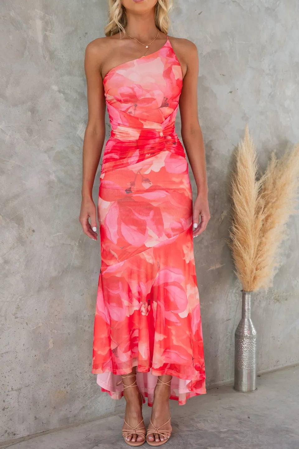 Women’s Maxi Dress with One-Shoulder Neckline and Ruched Mesh Floral Body