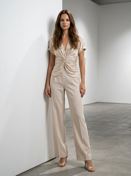 Women’s Two-Piece Set with Twist-Front V-Neck Blouse and Wide-Leg Trousers