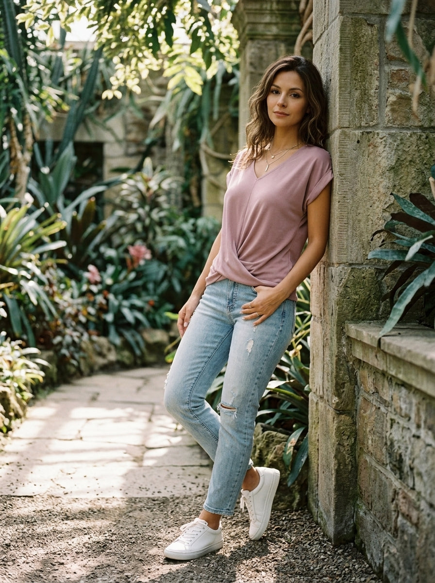 Women’s Going Out Top with V-Neckline and Architectural Twist Hem