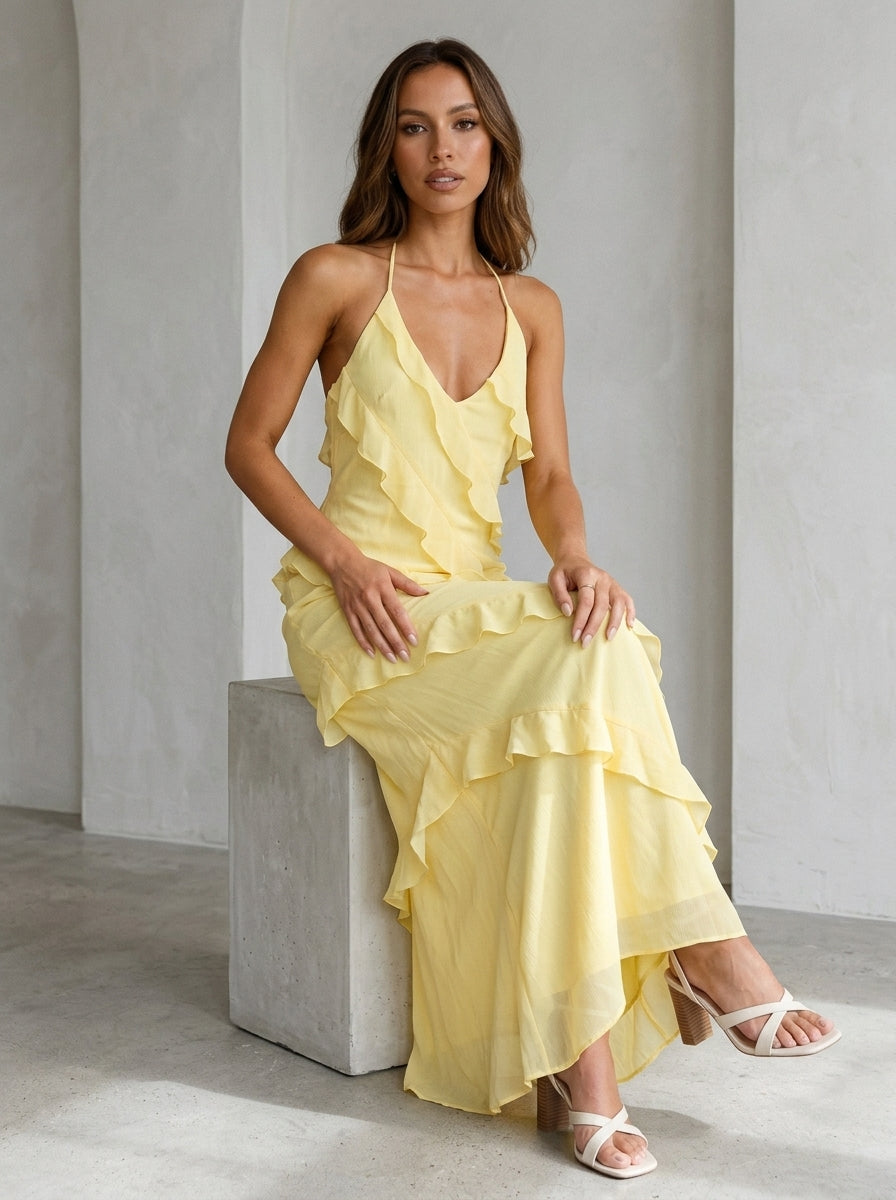 Women’s Maxi Dress with Halter Neckline and Tiered Asymmetric Ruffles