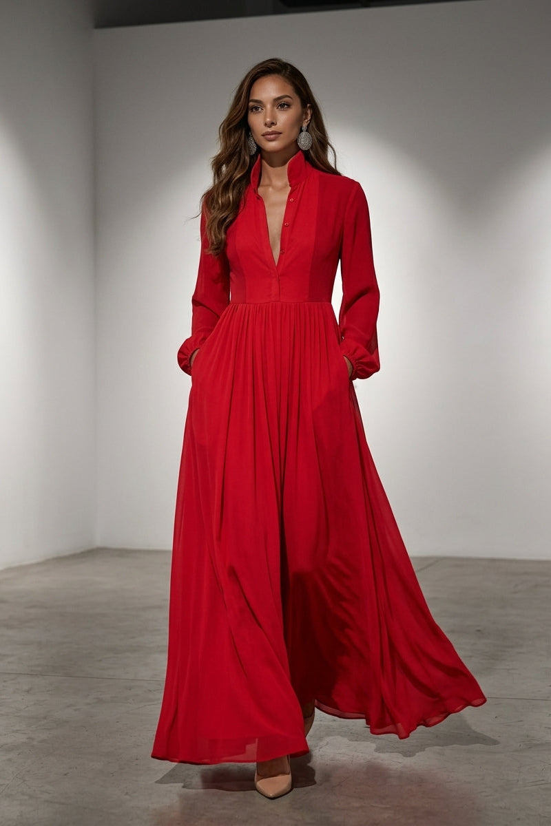 Women’s Maxi Dress with Button-Front Bodice and Flared Gathered Skirt