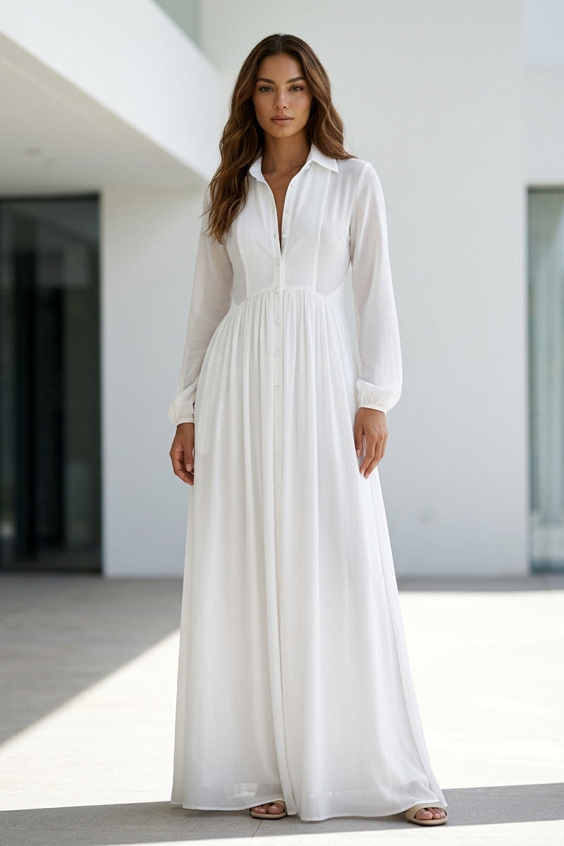 Women’s Maxi Dress with Button-Front Bodice and Flared Gathered Skirt