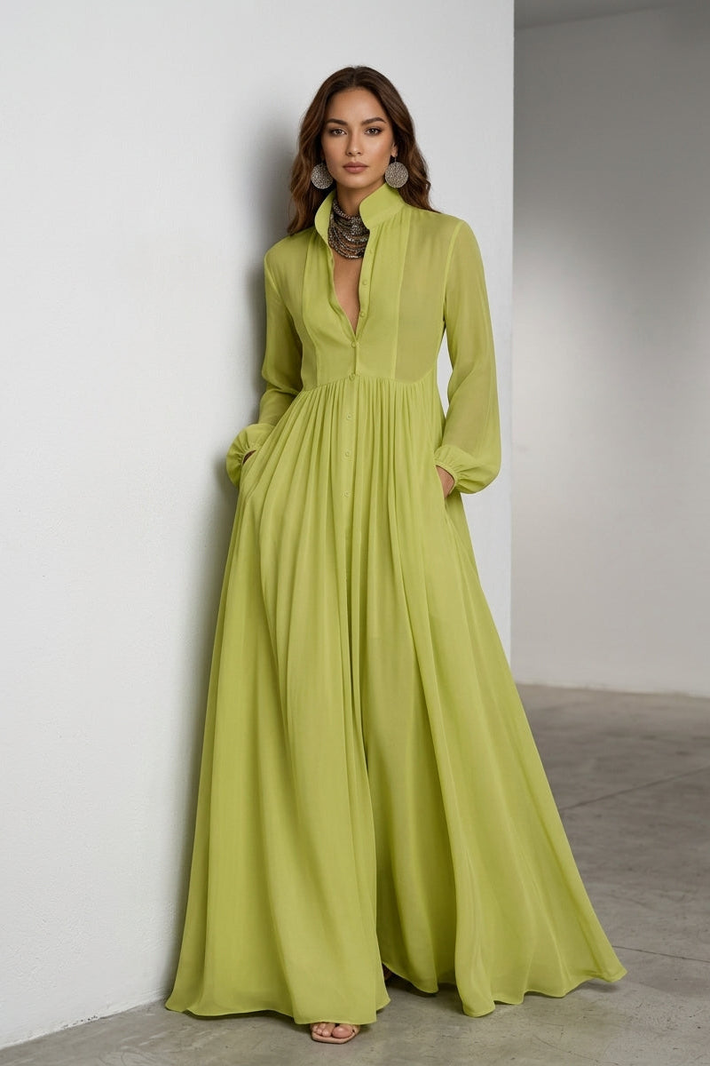 Women’s Maxi Dress with Button-Front Bodice and Flared Gathered Skirt