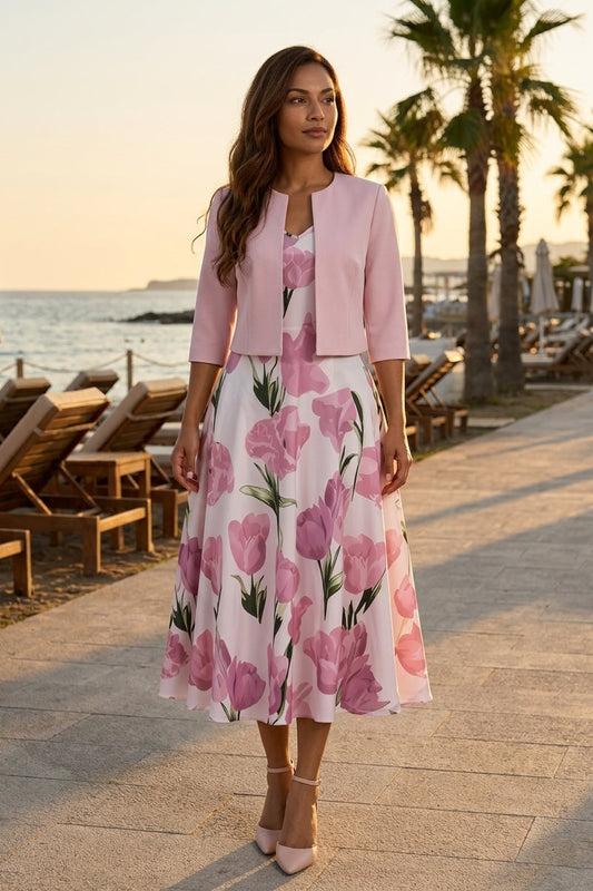 Women’s Two-Piece Set Floral Midi Dress and Cropped Bolero Jacket
