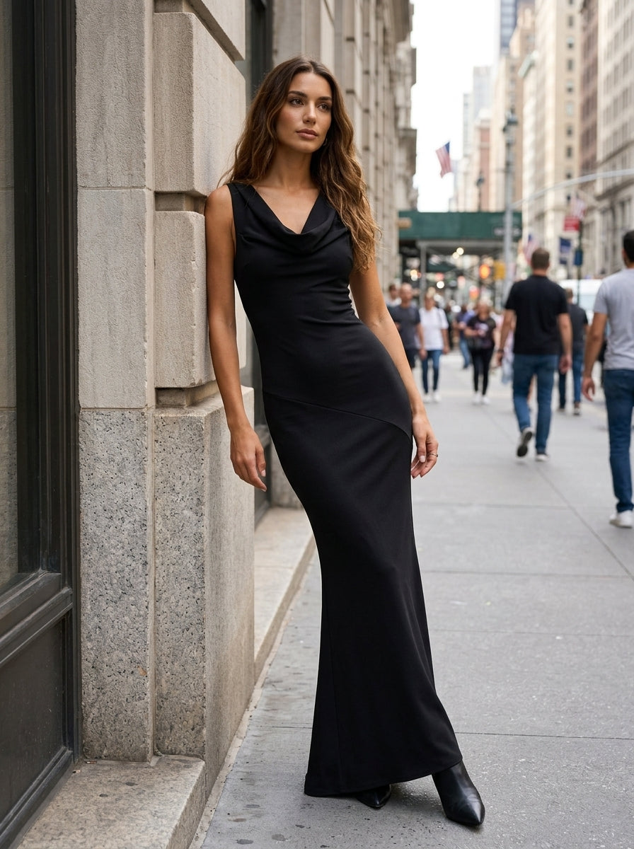 Women’s Maxi Dress Cowl Neck Sleeveless Satin Mermaid Gown