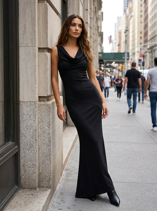 Women’s Maxi Dress Cowl Neck Sleeveless Satin Mermaid Gown