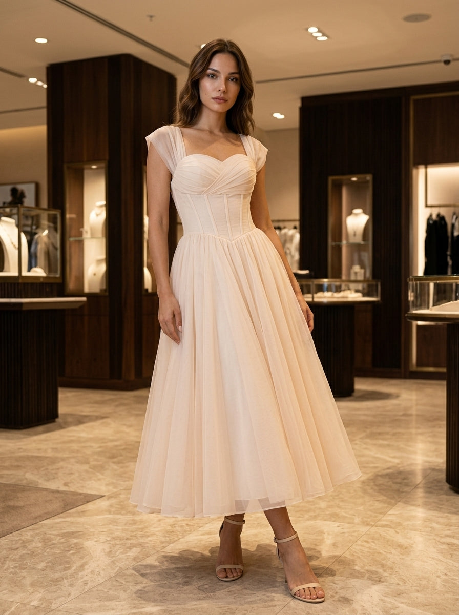 Women’s Midi Dress Sweetheart Corset Bodice Flared Tulle Gown