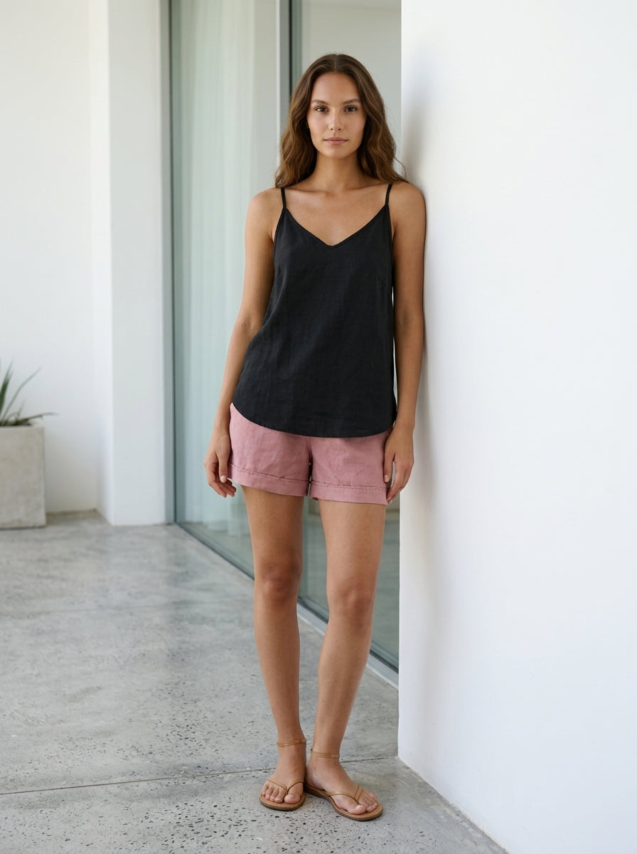 Women’s Linen Top Spaghetti Strap V-Neck Loose Camisole Cami Tank