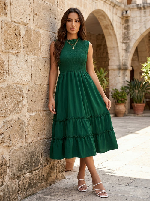 Women’s Midi Dress with Smocked Bodice and Tiered Ruffle Skirt