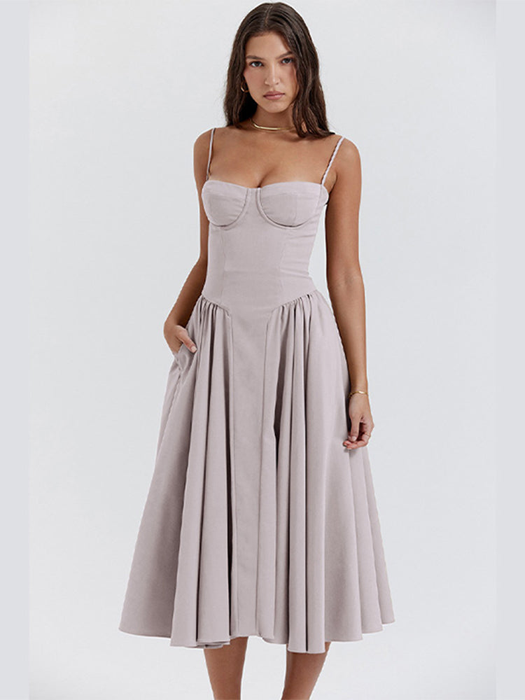 Women’s Corset Midi Dress Basqued Waist with Pockets Wedding Guest Gown