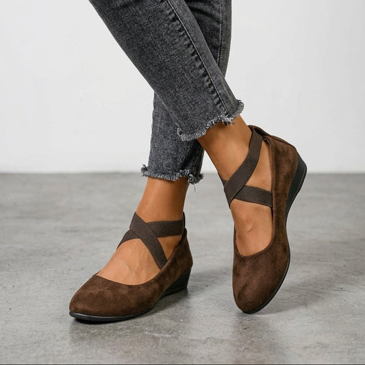 Women’s Wedge Flats with Elegant Suede Cross-Strap and Round Toe Silhouette