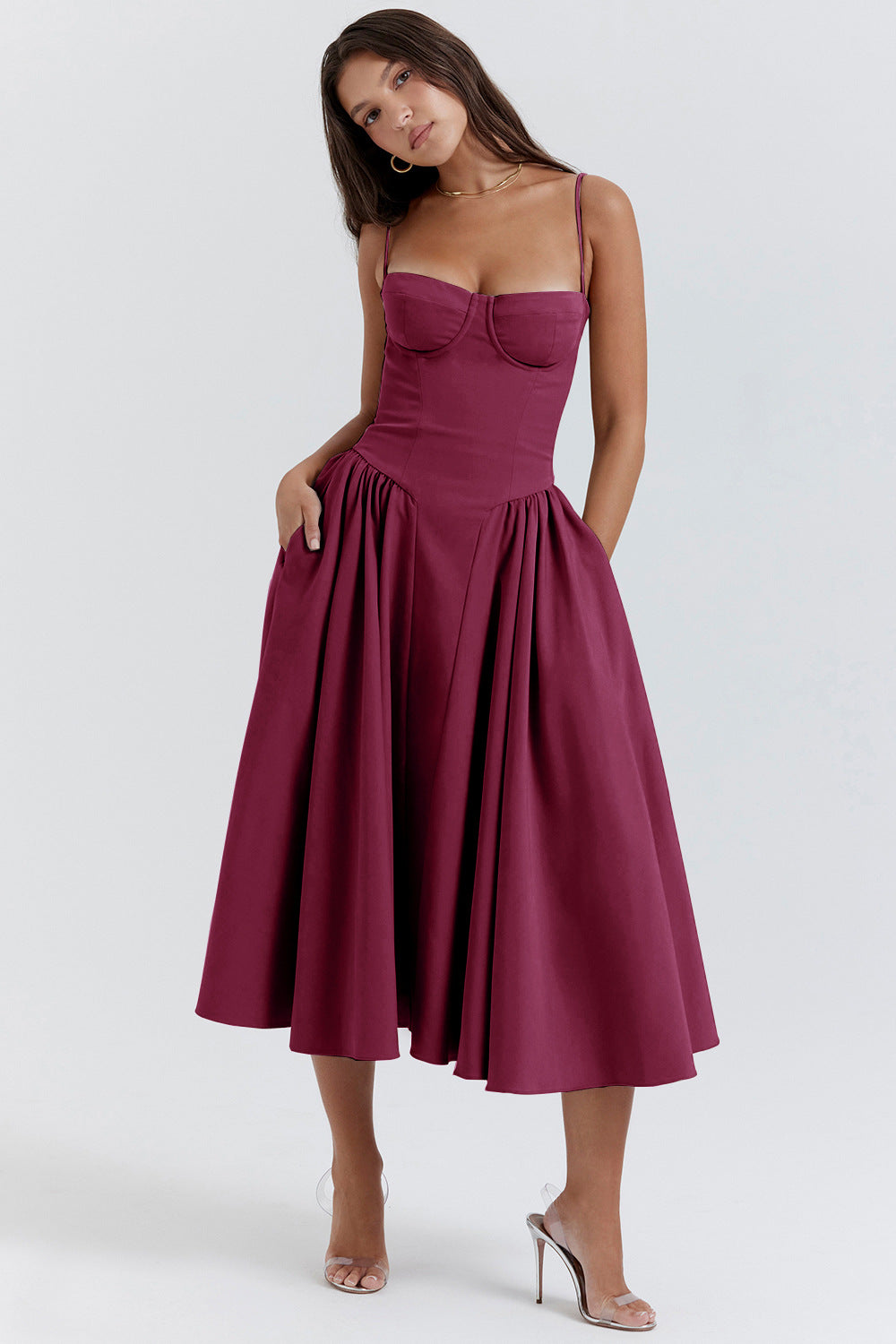 Women’s Corset Midi Dress Basqued Waist with Pockets Wedding Guest Gown
