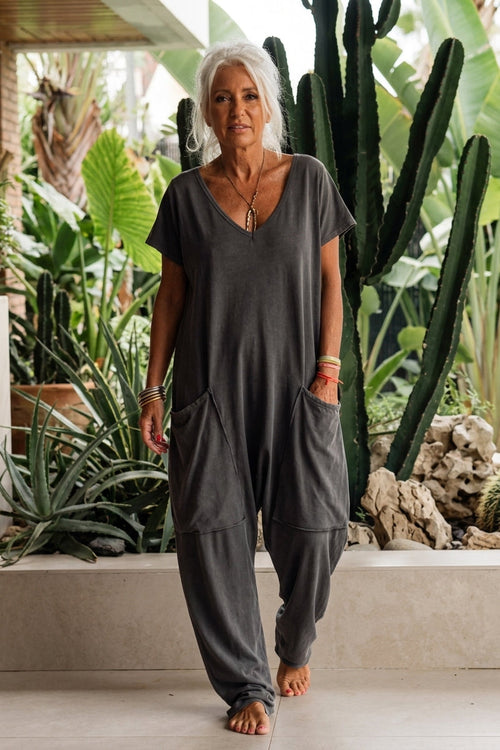 Women’s Jumpsuit with V-Neckline and Oversized Utility Patch Pockets