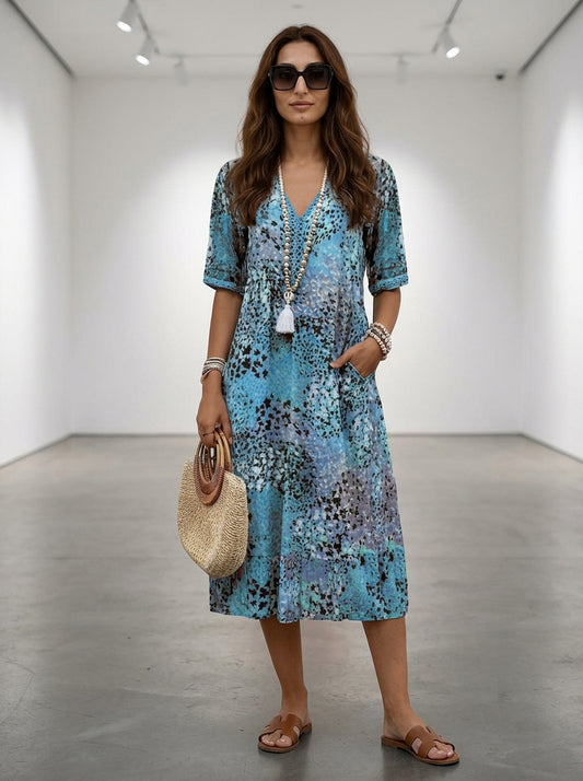 Women’s Midi Dress with V-Neckline and Artisanal Abstract Floral Print