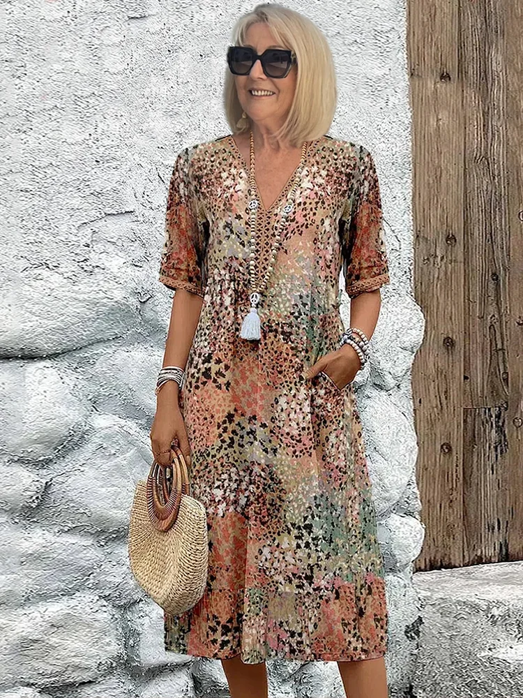 Women’s Midi Dress with V-Neckline and Artisanal Abstract Floral Print