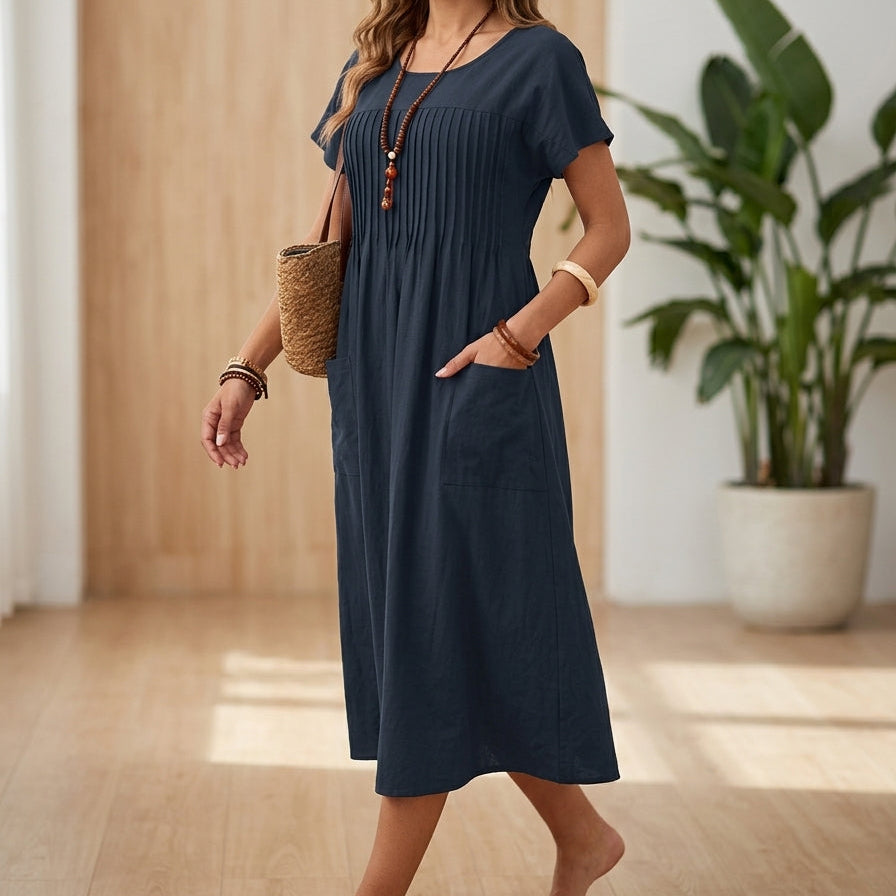 Women’s Midi Dress with Pleated Bodice and Functional Side Pockets