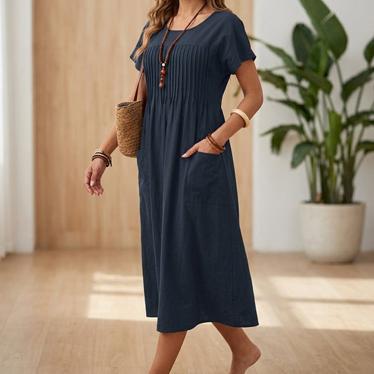 Women’s Midi Dress with Pleated Bodice and Functional Side Pockets