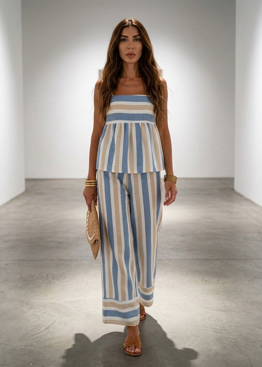 Women’s Two-Piece Set with Peplum Camisole and Wide Leg Striped Pants