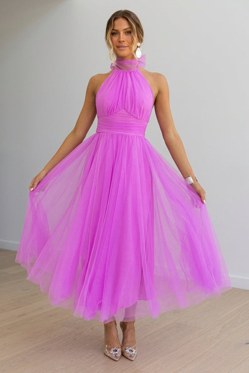 Women’s Midi Dress with Halter Neckline and Layered Tulle Skirt