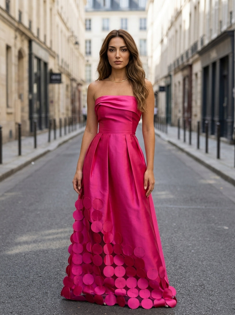 Women’s Strapless Satin Maxi Gown with 3D Polka Dot Appliqué Wedding Guest Dress