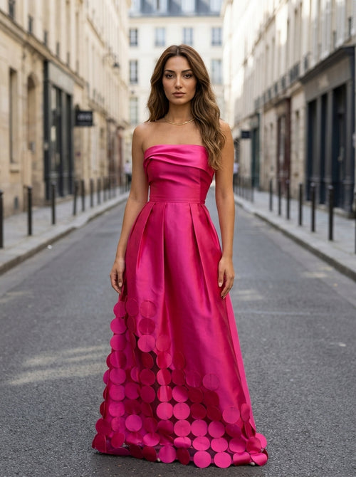 Women’s Strapless Satin Maxi Gown with 3D Polka Dot Appliqué Wedding Guest Dress