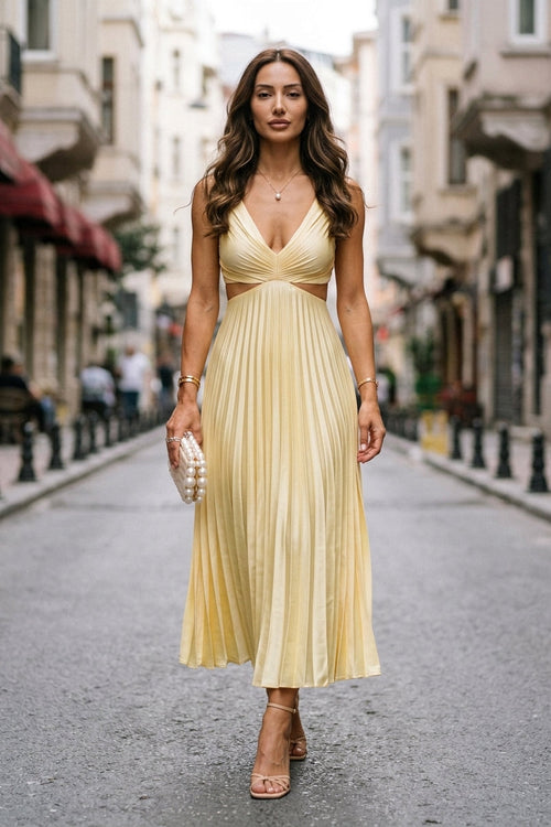 Women’s Pleated Maxi Dress V-Neck Cut-Out Waist Wedding Guest Gown