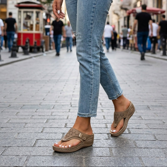 Women’s Wedge Toe Loop Sandals with Laser Cut Geometric Detail and Comfort Sole