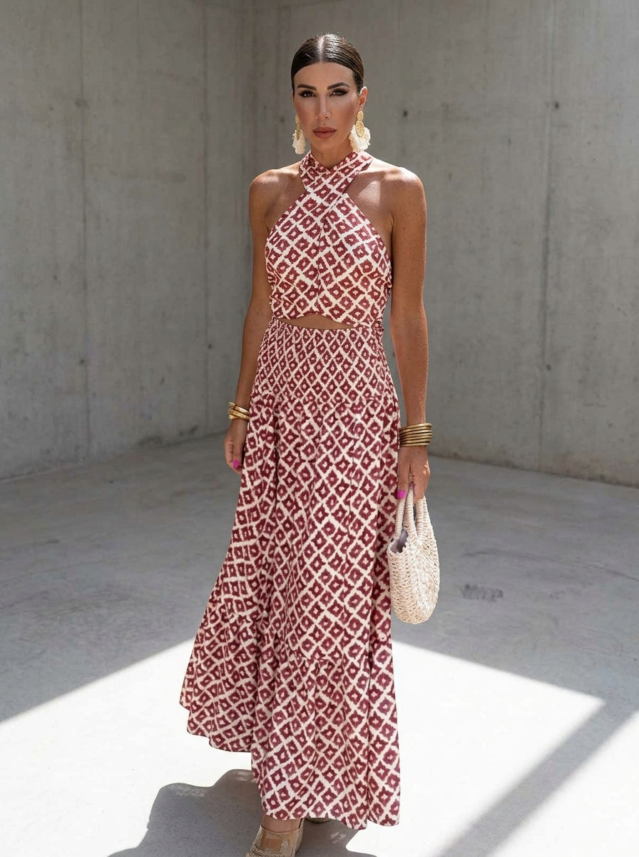 Women’s Maxi Dress with Criss-Cross Halter Neck and Waist Cut-Out Detail